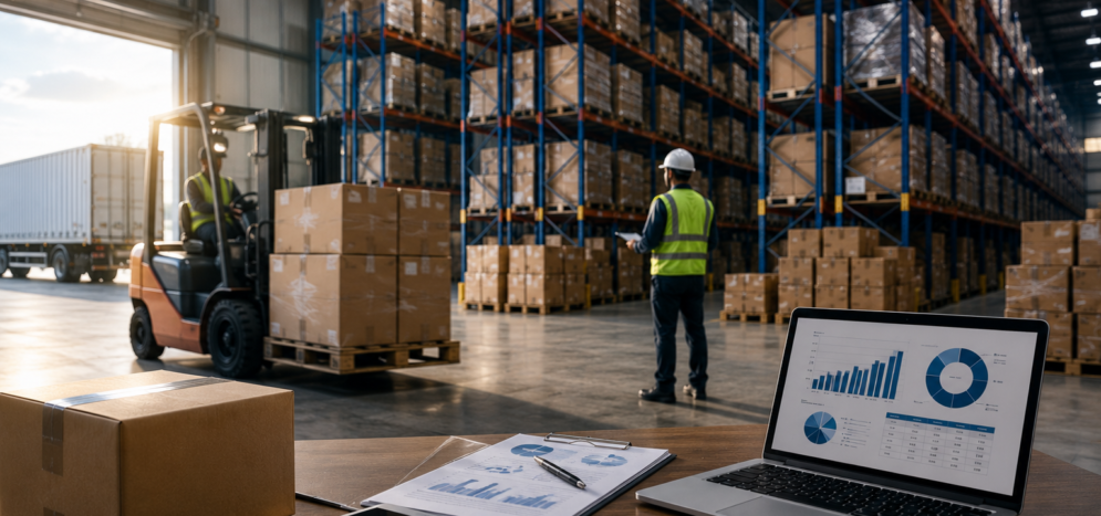 Centro de almacenaje logístico con racks industriales, montacargas, control de inventarios y distribución estratégica para empresas en crecimiento.