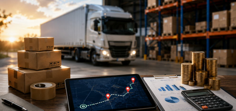 Operación logística con camión de carga, paquetes, monitoreo de rutas y análisis de costos logísticos empresariales.