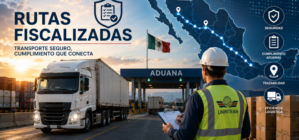 Camión de carga en operación logística aduanal con monitoreo de rutas fiscalizadas y transporte de mercancías en México.