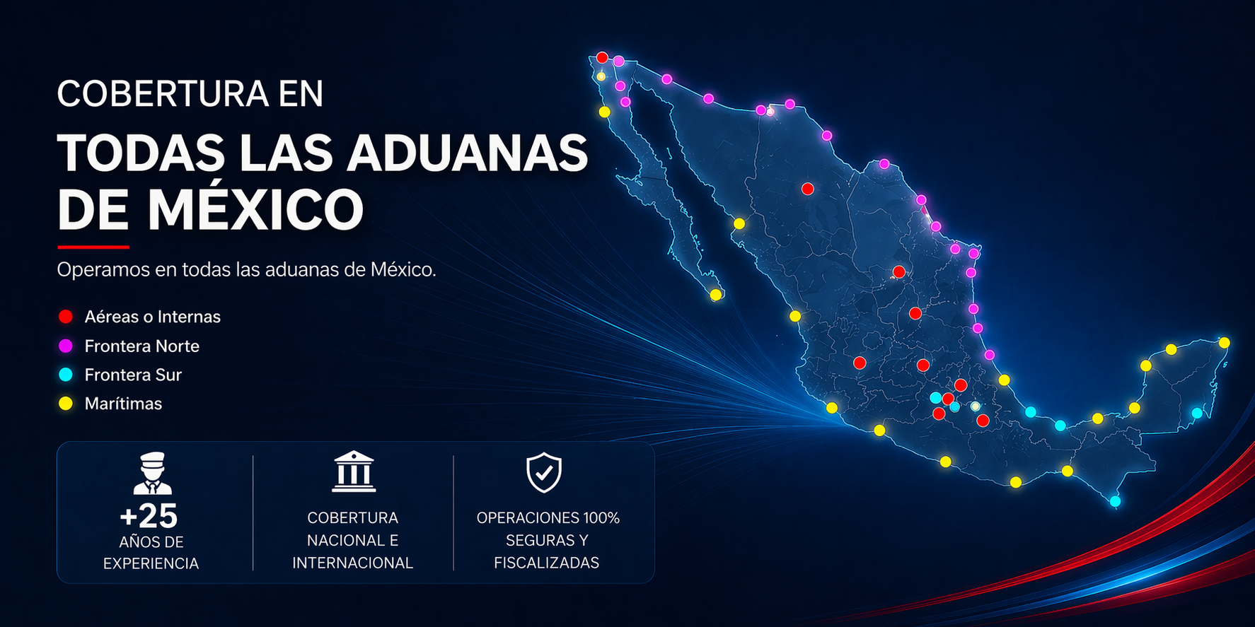 Mapa de México con cobertura en todas las aduanas del país para servicios de logística y transporte internacional con operaciones seguras y fiscalizadas