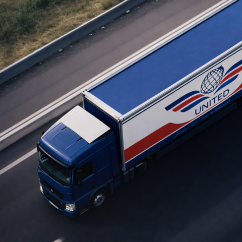 Camión de carga terrestre azul con logo de United International Transport en autopista, representando servicios logísticos en México