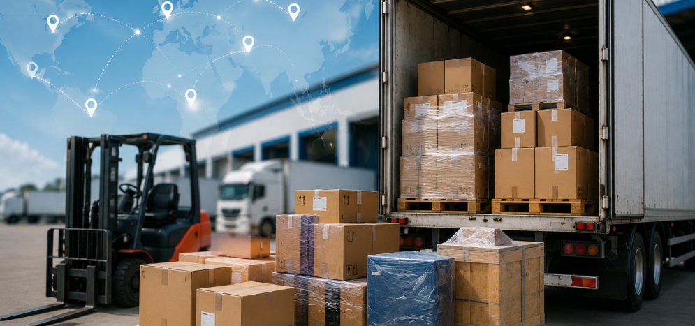 Carga consolidada con pallets y cajas siendo preparadas para transporte de mercancía en camión logístico