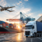 Transporte internacional con avión, buque de carga y camión en zona logística portuaria.