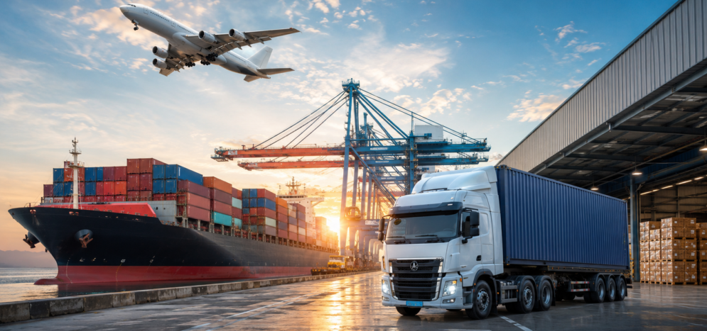 Transporte internacional con avión, buque de carga y camión en zona logística portuaria.