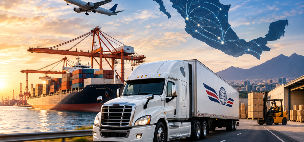 Transporte de carga y logística en México con camión, puerto, almacén y rutas nacionales